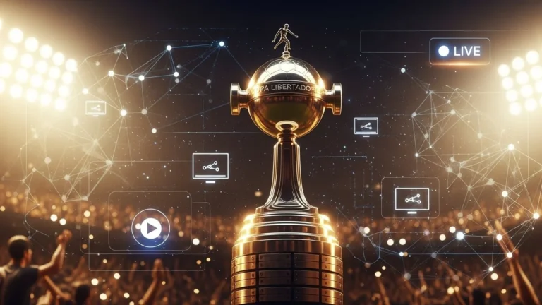 Трофей Кубка Либертадорес на стадионе с живыми иконами футбола