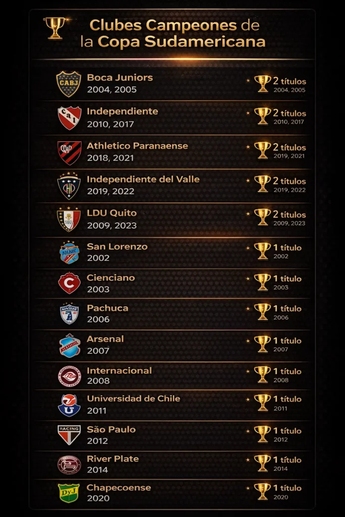 Ganadores y subcampeones de la Copa Sudamericana: historial completo año por año 1 Clubes campeones de la Copa Sudamericana