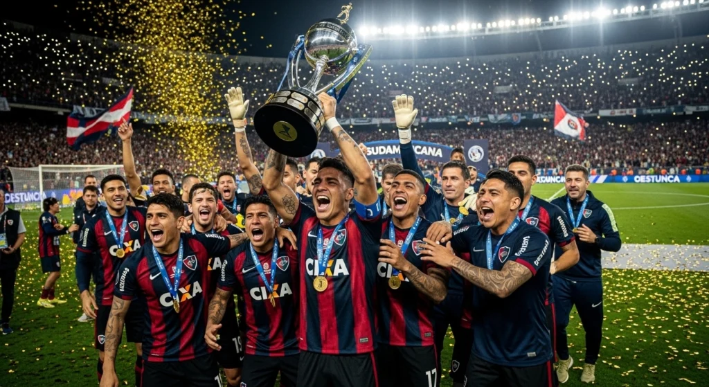 Ganadores y subcampeones de la Copa Sudamericana: historial completo año por año 3 Imagen de futbolistas sudamericanos celebrando con el trofeo de la Copa Sudamericana.