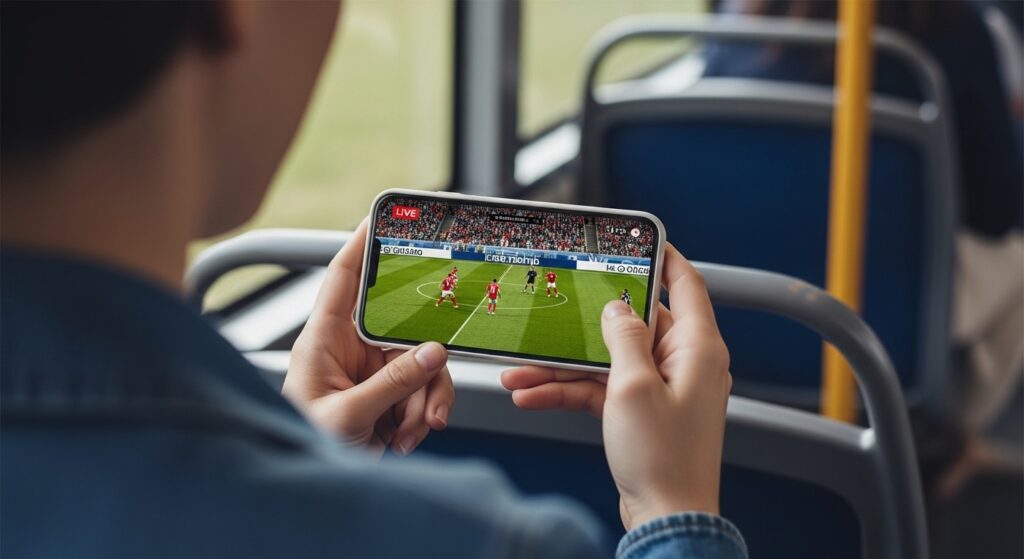 Imagen de un aficionado al fútbol hispanohablante viendo un partido en directo en un teléfono inteligente.