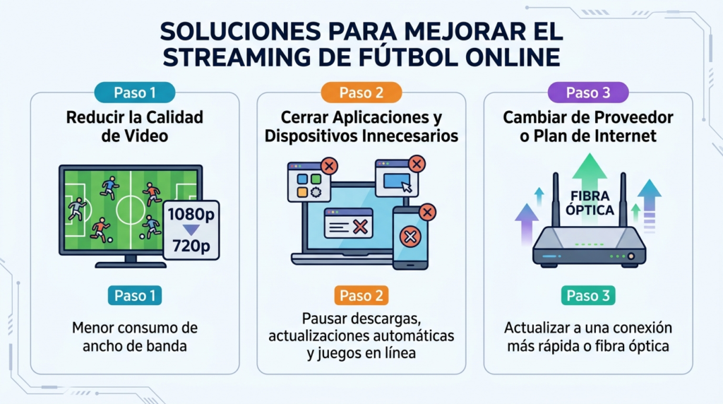 Qué Velocidad de Internet Necesitas para Ver Fútbol en HD 5 Infografia en espanol mostrando que hacer si la velocidad de internet es insuficiente para 2