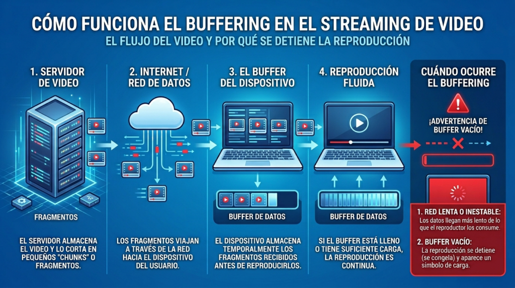infogafia para educativa mostrando cómo ocurre el buffering en streaming de video