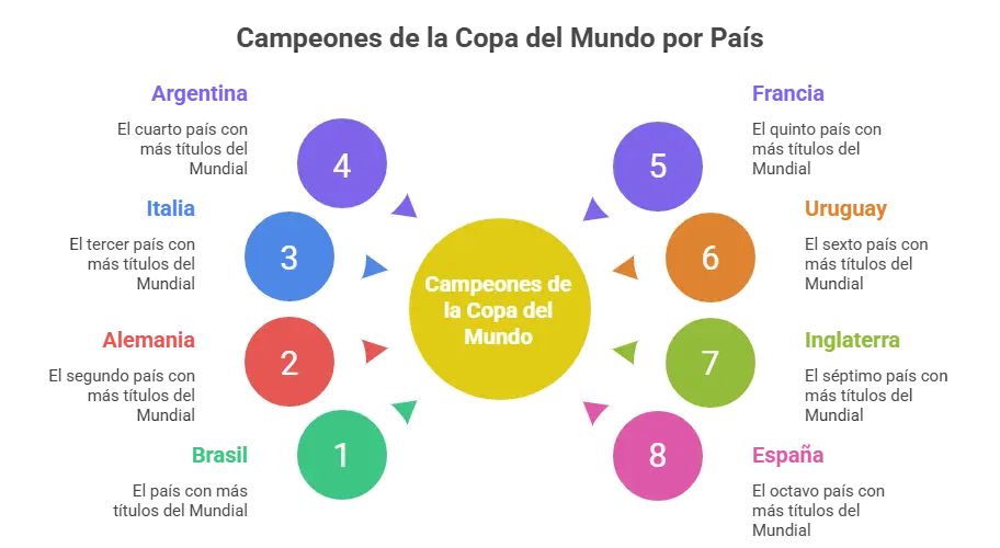 infografia para Crear una infografía clara y visual titulada Campeones de la Copa del Mundo por País
