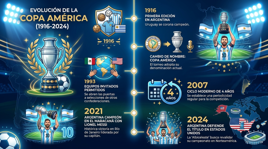 infografia para Evolución de la Copa América Todos los Campeones 1916-2024