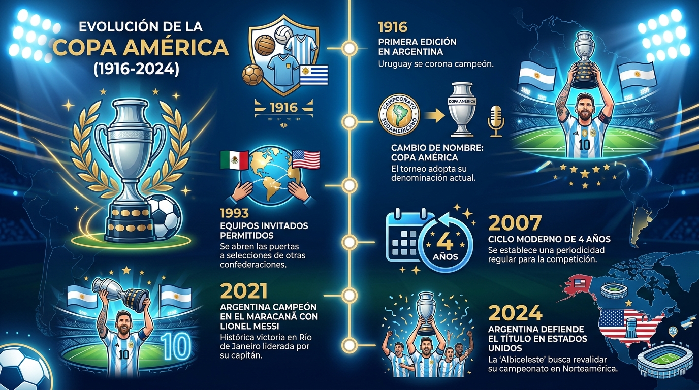 infografia para Evolución de la Copa América Todos los Campeones 1916-2024