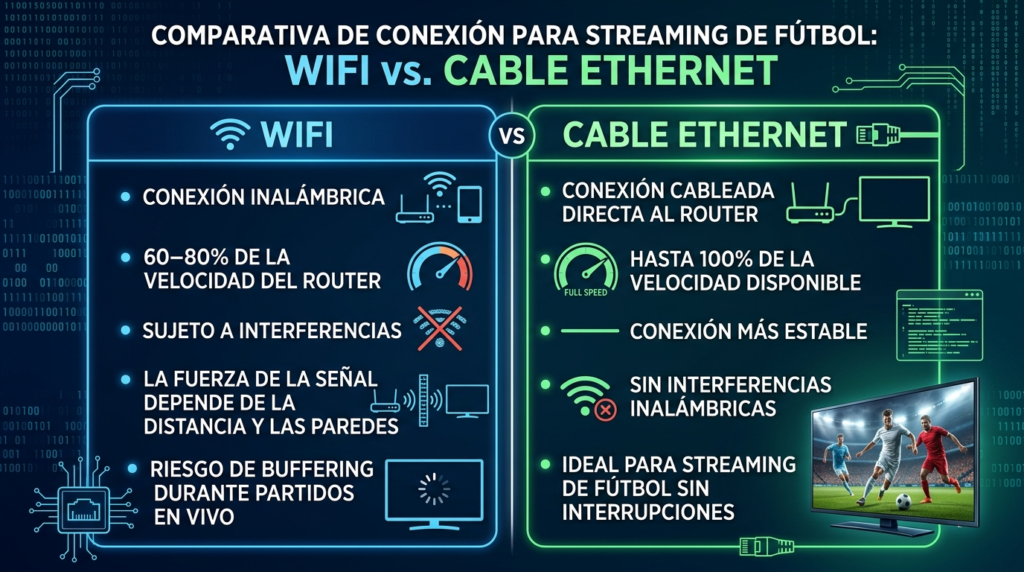 Qué Velocidad de Internet Necesitas para Ver Fútbol en HD 4 infografia para Infografía en español comparando WiFi vs Cable Ethernet para ver fútbol en streaming